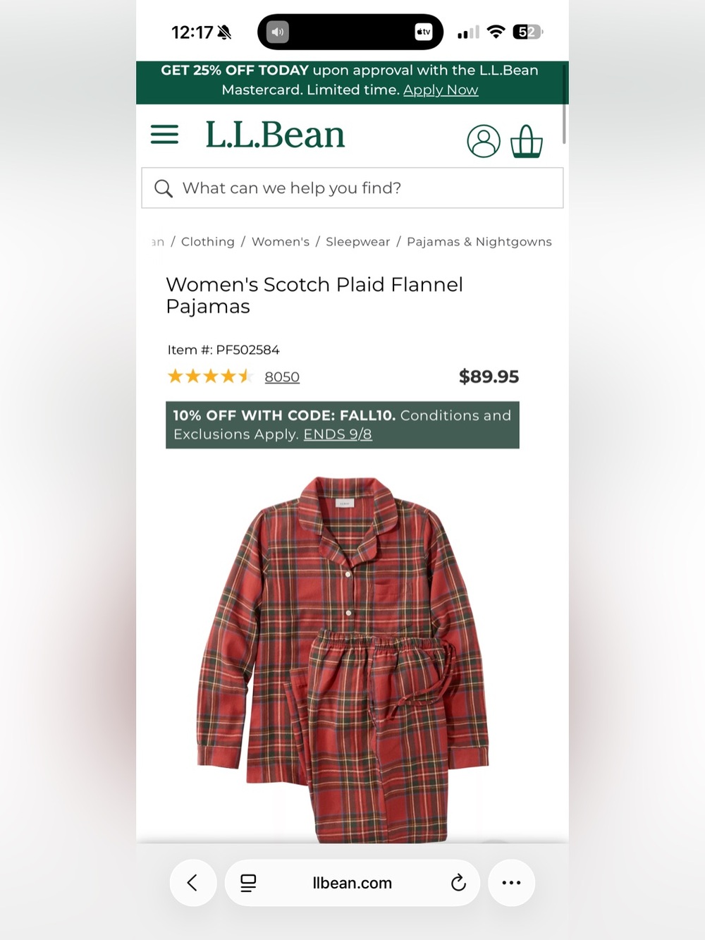 L.L. Bean Red and Green Scotch Plaid Flannel Pajama Set